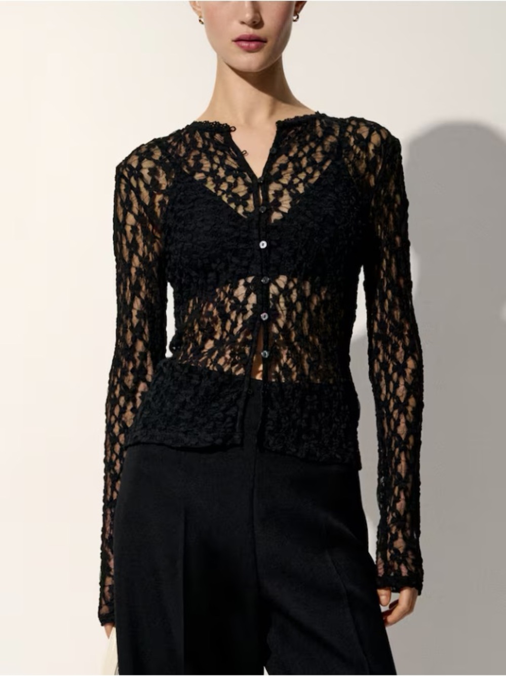 H&M NWT Black Sheer Crochet Button-Front Top